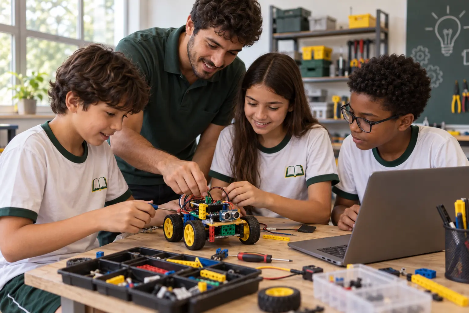 Alunos montando um robô na liga de maker e robótica